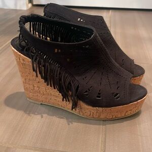 OLIVIA MILLER Fringe PEEP Toe Wedge Sandal